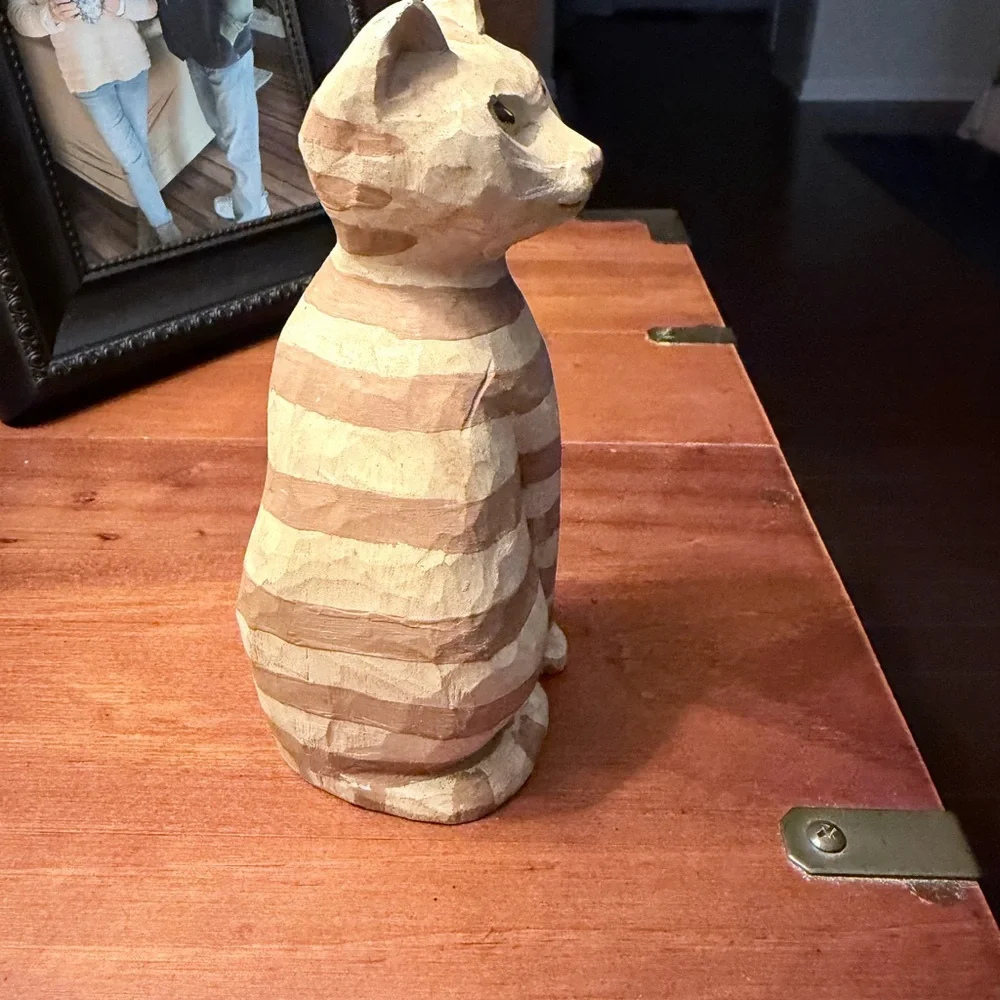 Handcarved wood Striped Cat Figurine